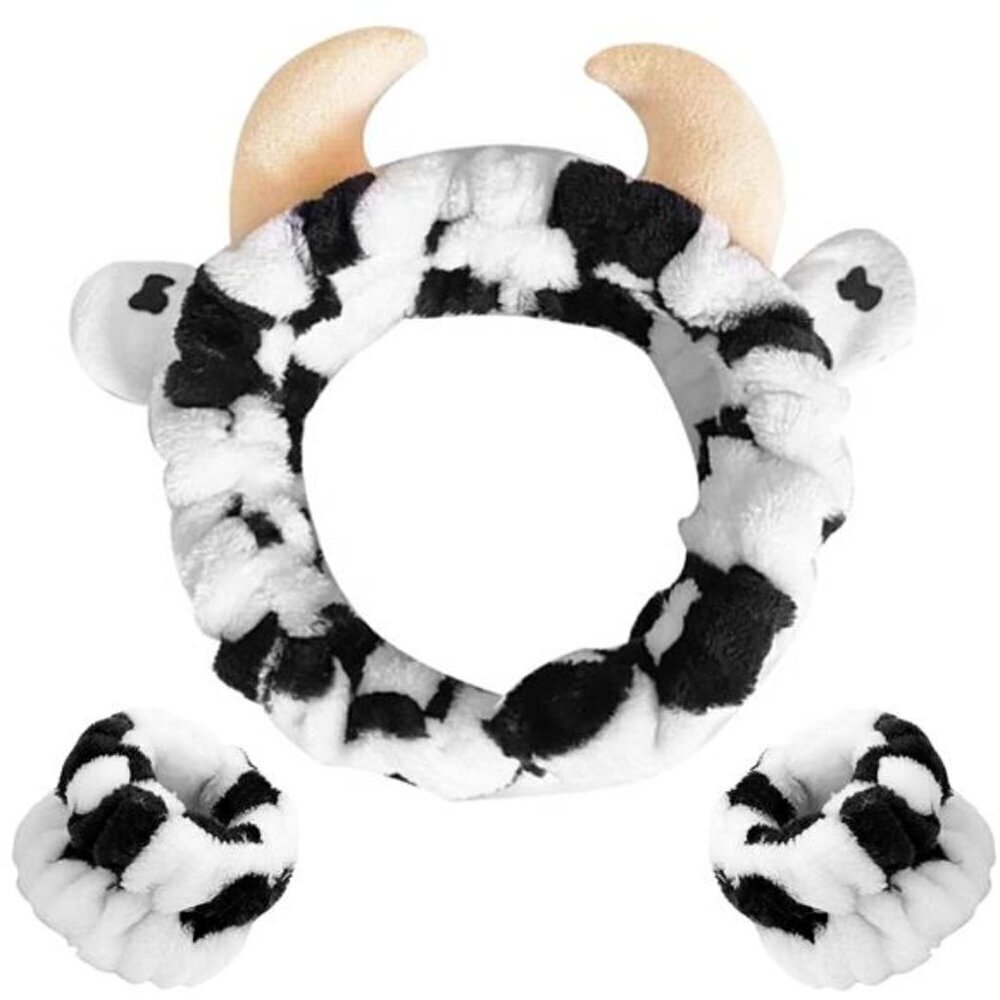 Cow Print Fuzzy Headband & Wristband Set – Cute Horned Spa Hair Band for Women